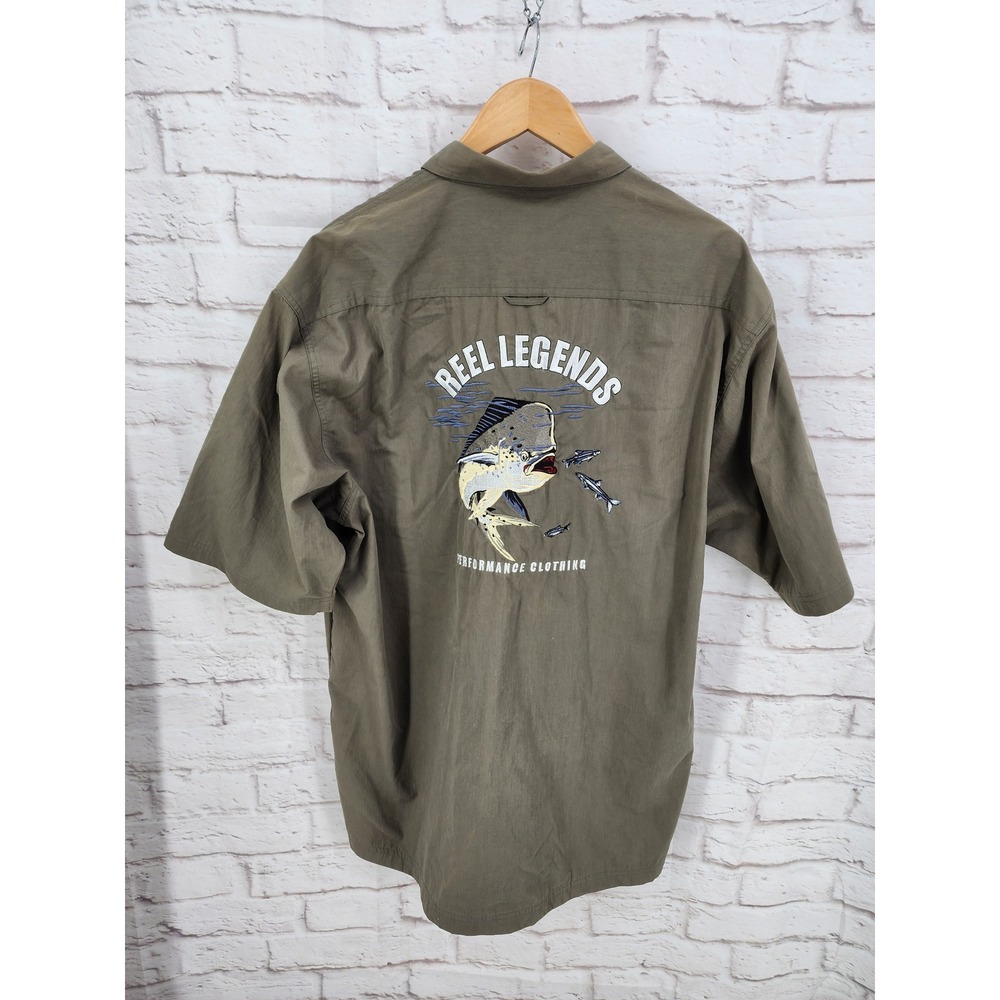 Reel Legends Mens XL Fishing Shirt Olive Green Short Sleeve Mahi Mahi Outdoors